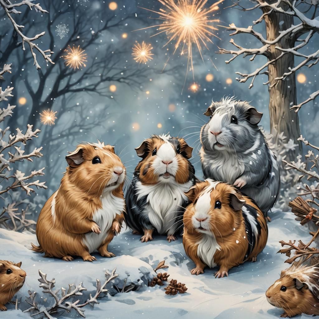 Guinea Pigs Celebrate Winter in Fantasy Art