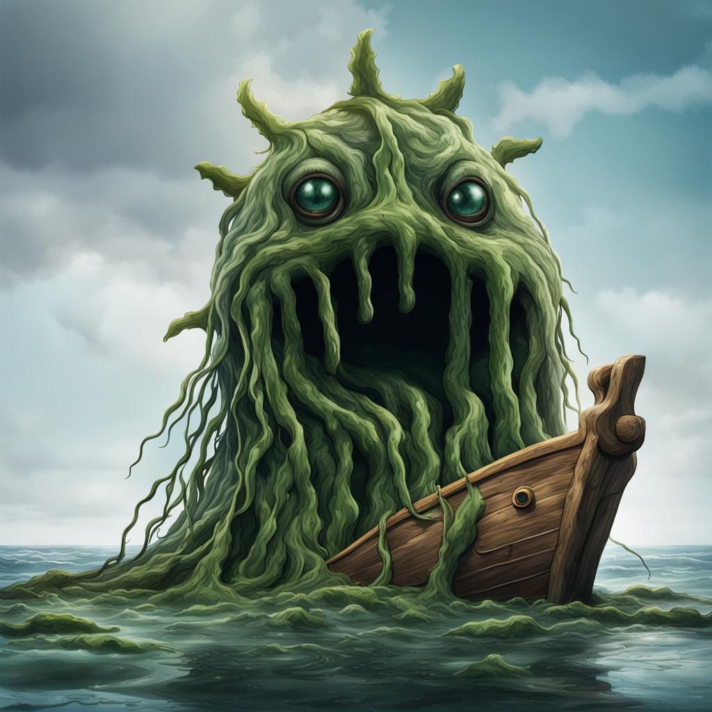 Giant Seaweed Monster Lifting Ship: Photorealistic