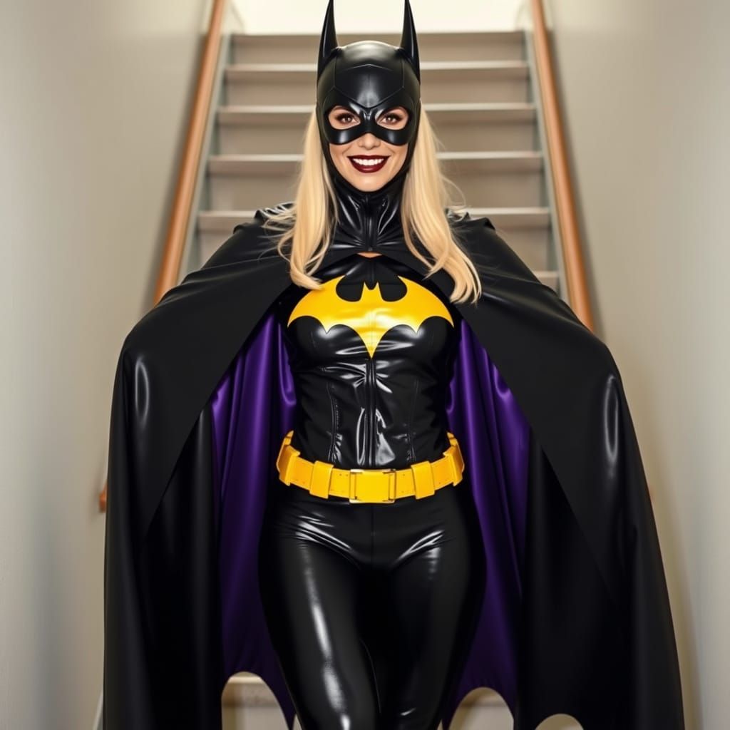 Batgirl in Shimmering Black Latex Cape with Purple Interior
