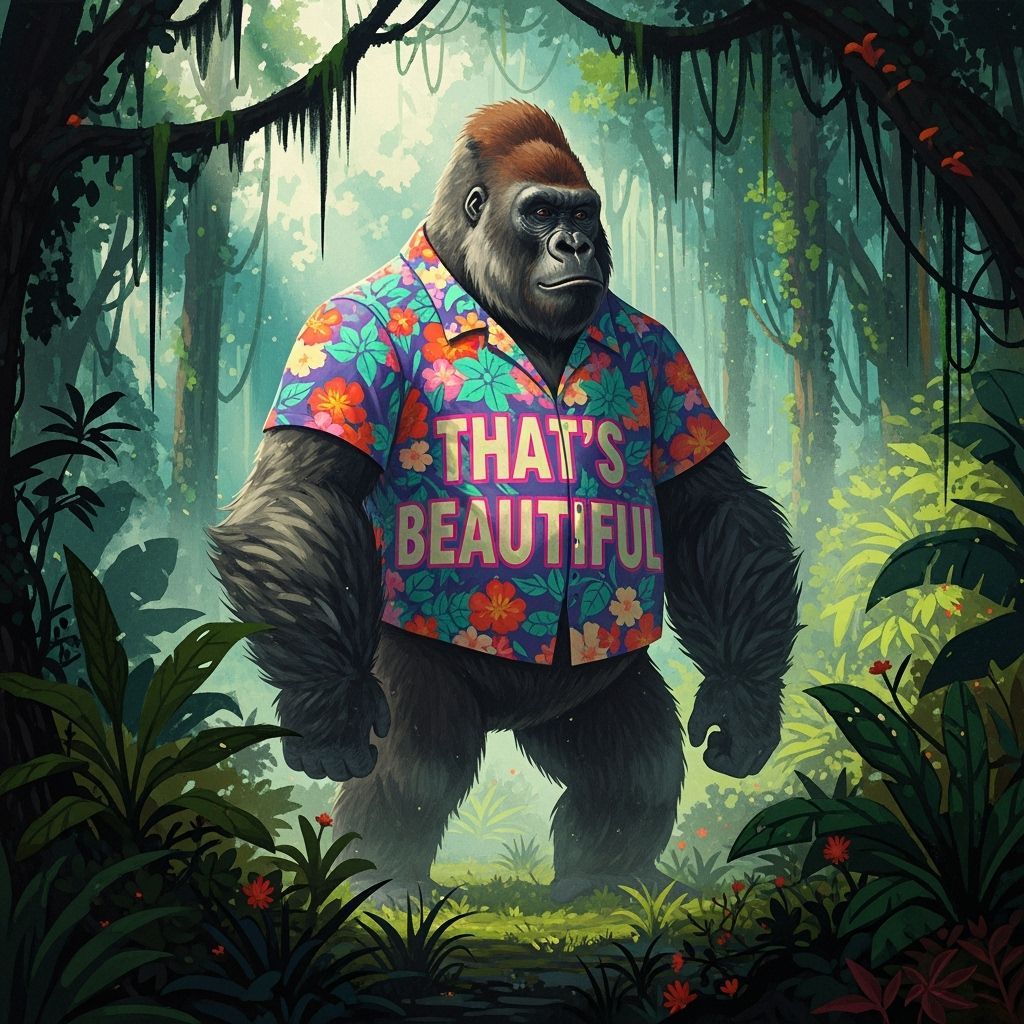Gorilla in Jungle Wearing Hawaiian Shirt