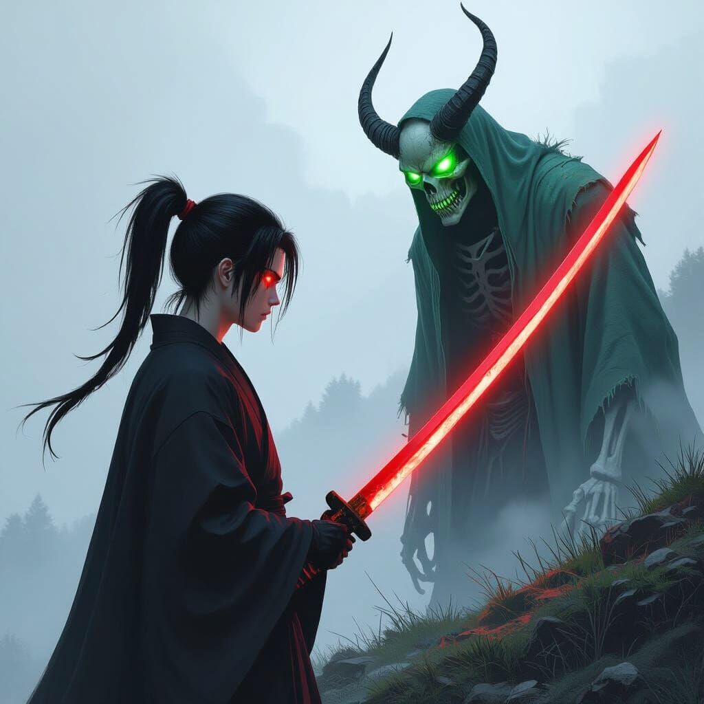 Young Man with Katana Confronts Skeletal Monster