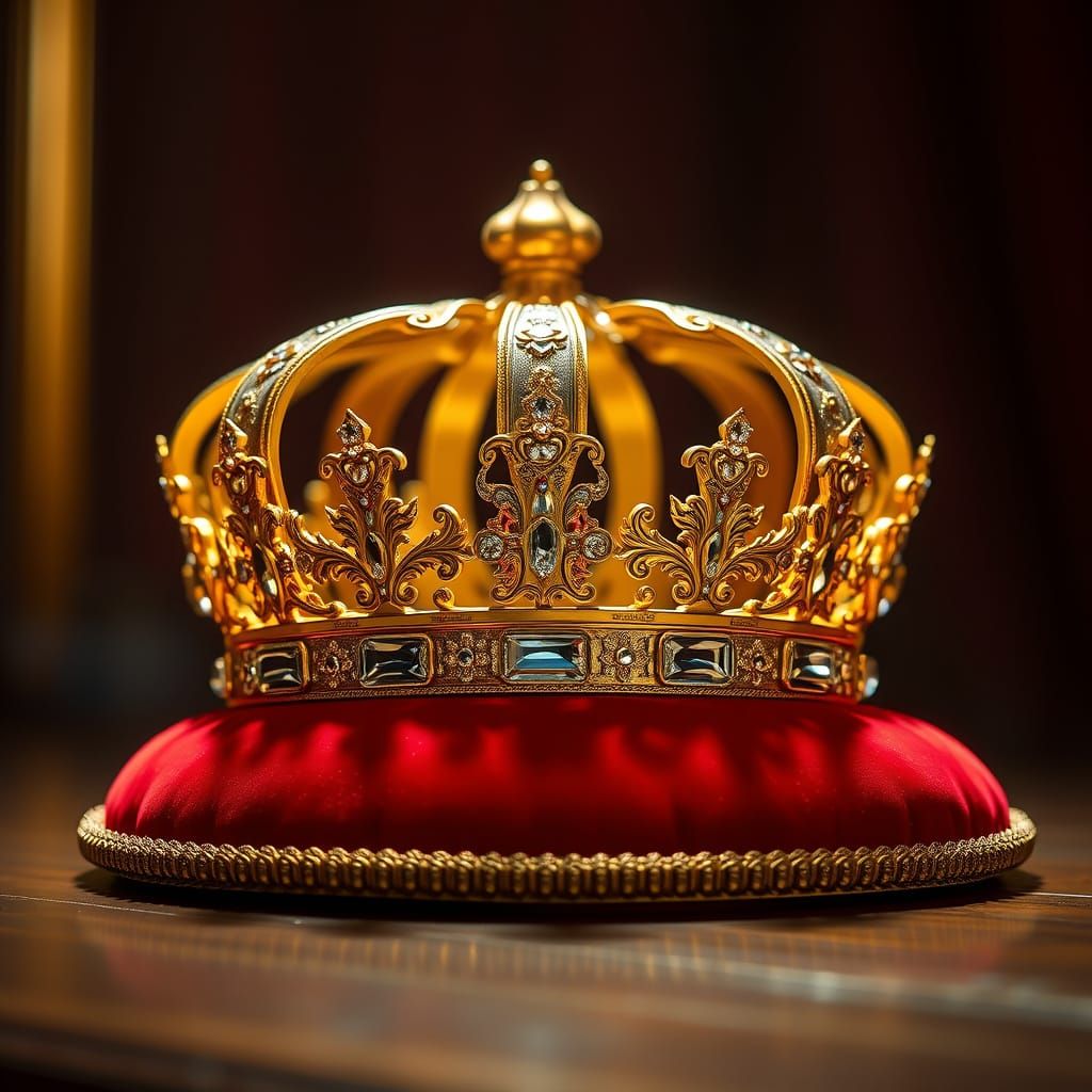 Luxurious Golden Crown on Velvet Cushion in Cinematic Glow