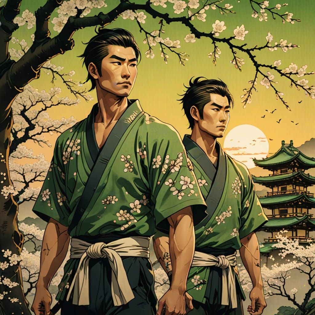 Asian Men in Ukiyo-e Style Ink Painting