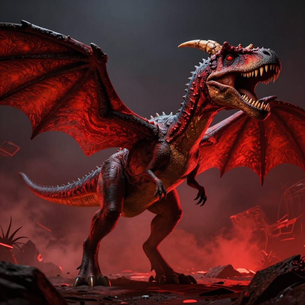 Monstrous Winged Dinosaur in Vibrant Red Sky