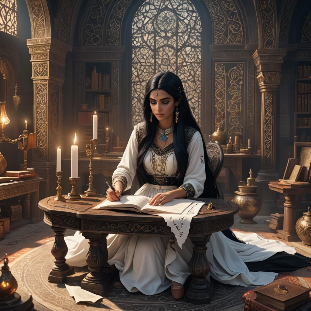 Arabic Woman at Desk with Grimoire: Fantasy Art