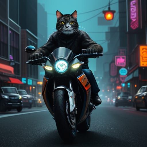 Cat Riding Motorcycle Through Neon Cityscape