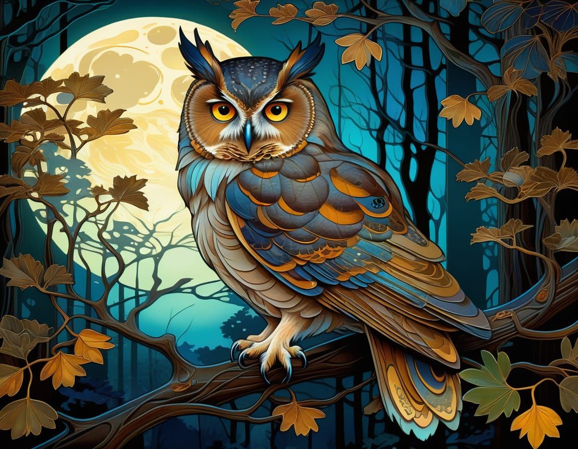Wise Owl in Moonlit Forest: Art Nouveau Painting