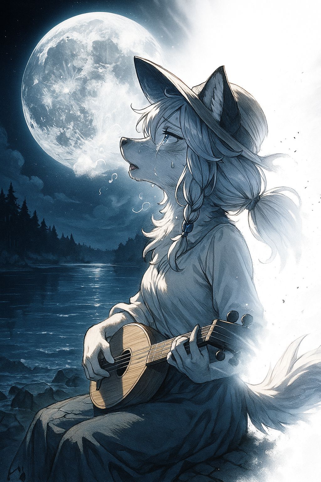 Anime Wolf-Girl Serenades Moonlit Lake