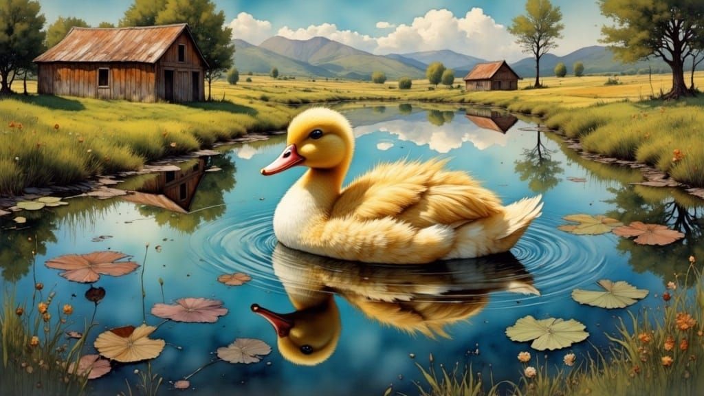 Cute Fluffy Duckling in a Surreal Landscape Painting