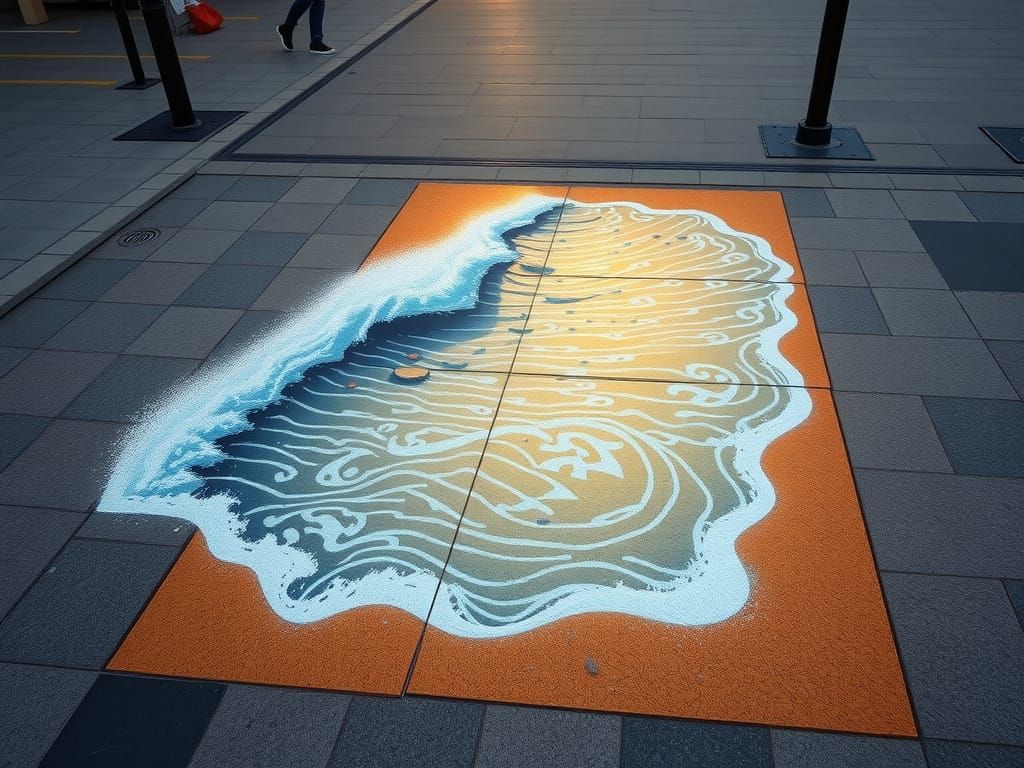 Hyperrealistic City Pavement with Chalk Drawing of Sunset Wa...