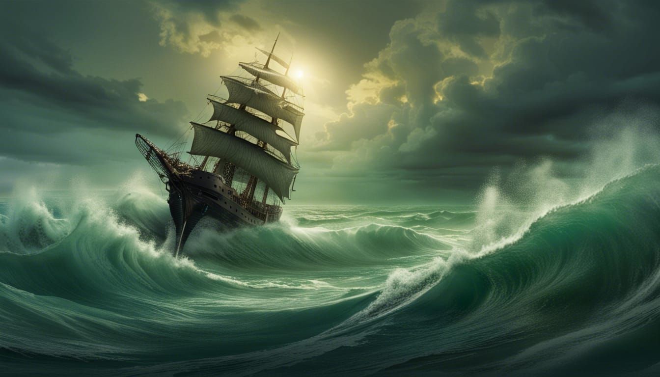 Ethereal Ghost Ship Sailing a Luminous Green Sea