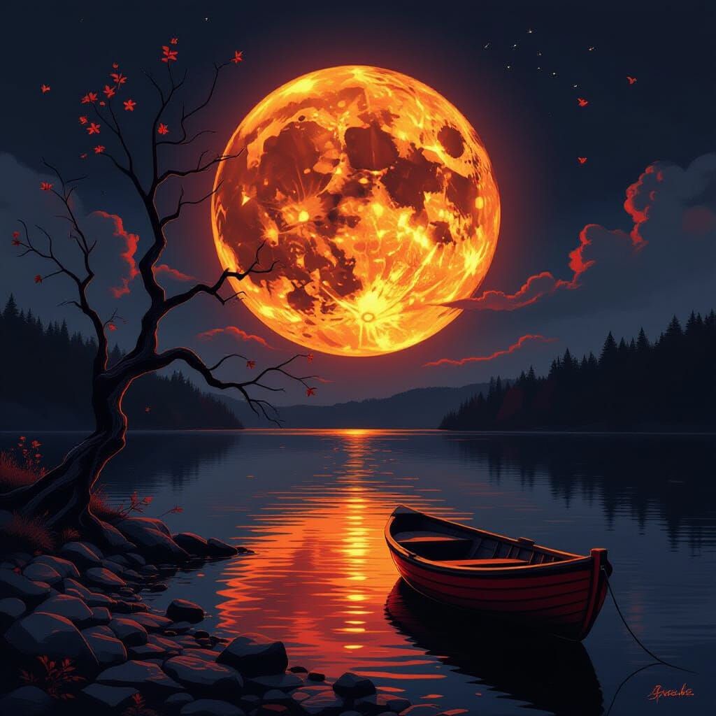 Crimson & Gold Moon Rises Over Mirror Lake