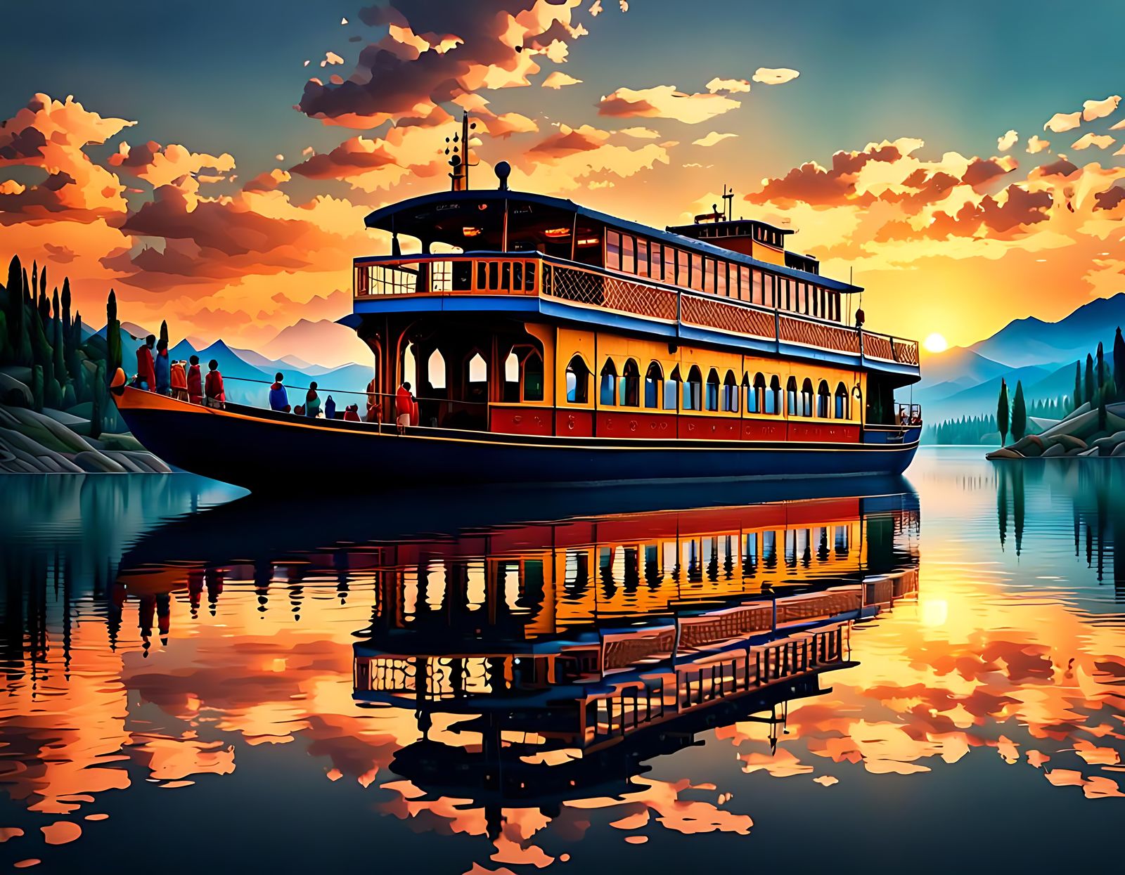 Kashmir Lake Ferry Boat at Sunset: Studio Ghibli Style