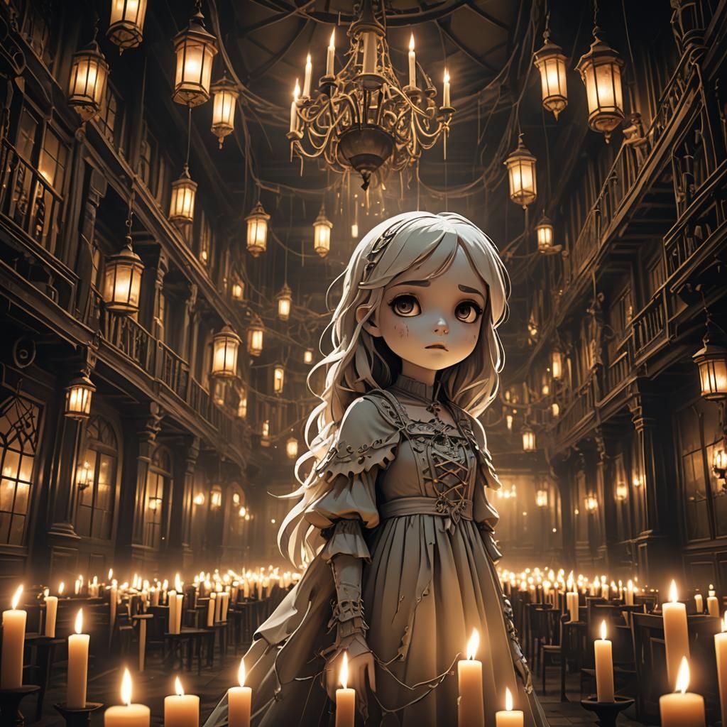 Chibi Ghost Girl in Haunted House with Candles
