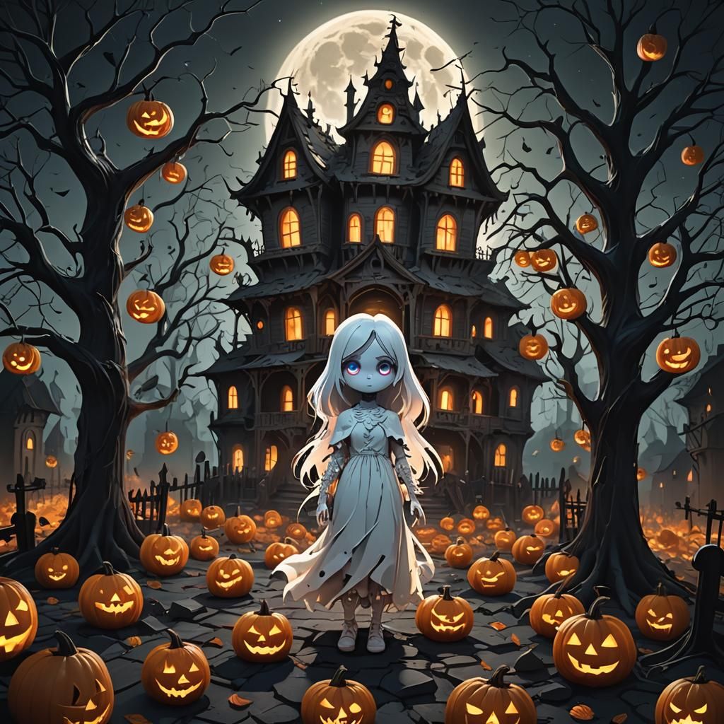 Chibi Ghost Girl in Haunted House, Digital Matte Painting