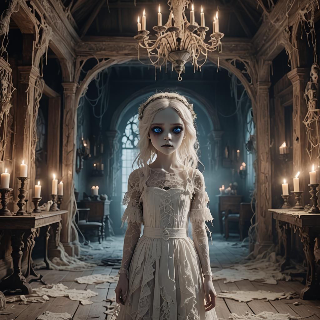 Chibi Ghost Girl in Haunted House: Digital Matte Painting