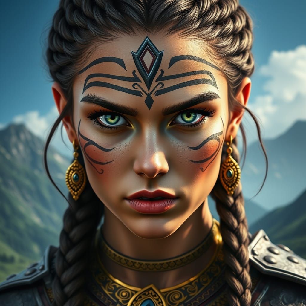 Fantasy Warrior Woman with Braids and Tribal Paint