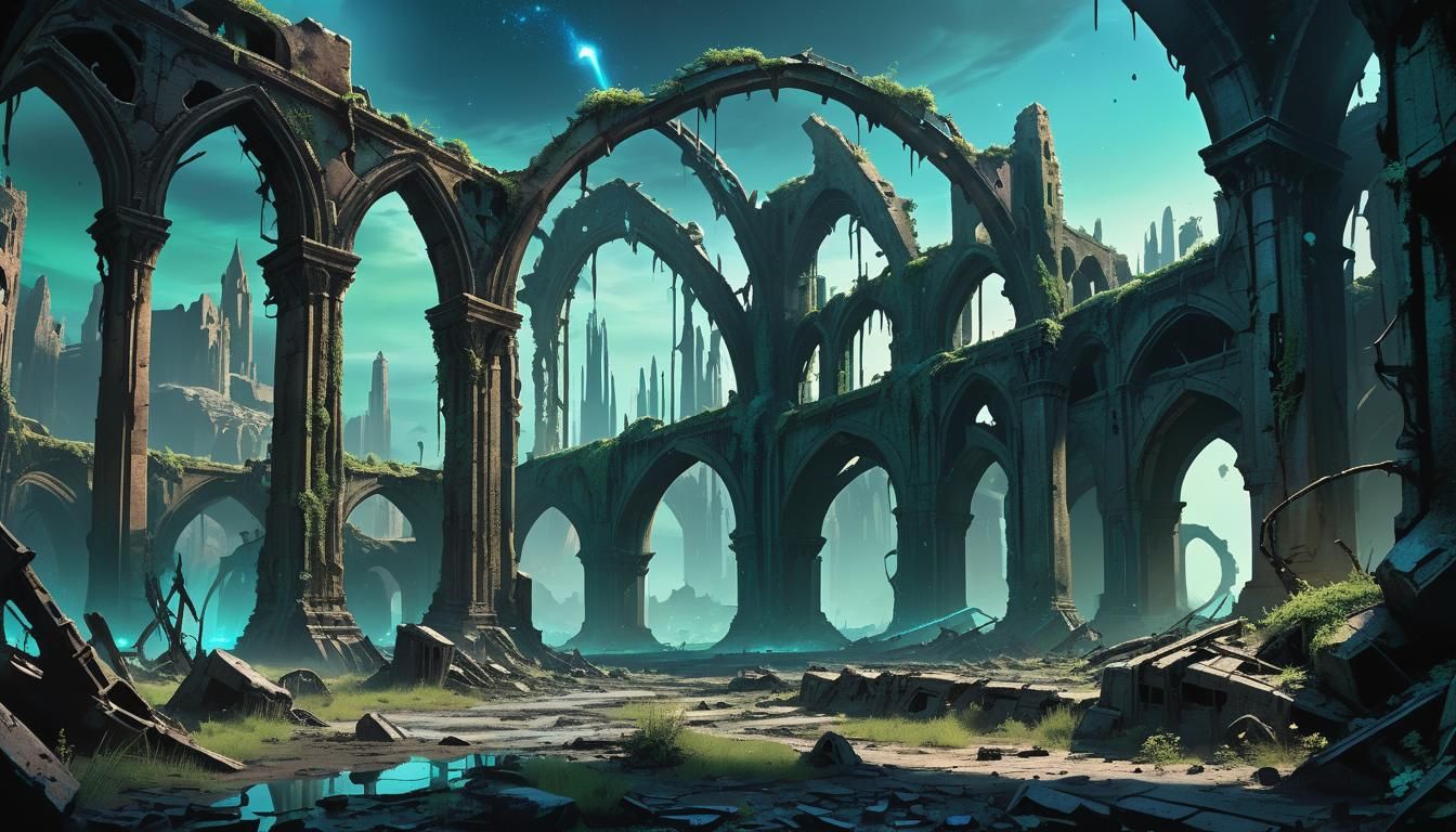 Ruined Gothic Cityscape on War-Torn Planet