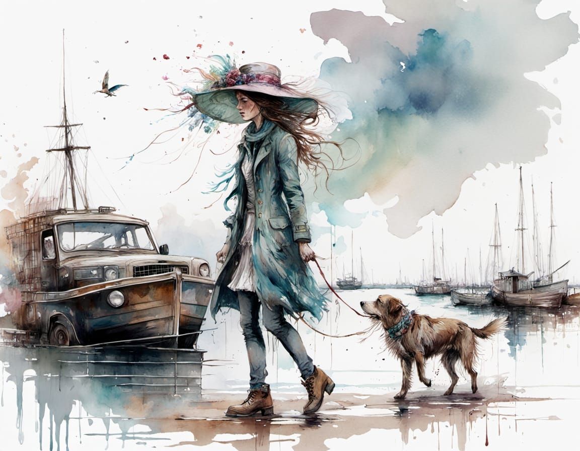 Victorian Lady With Dog on Dock, Holding Hat in Wind