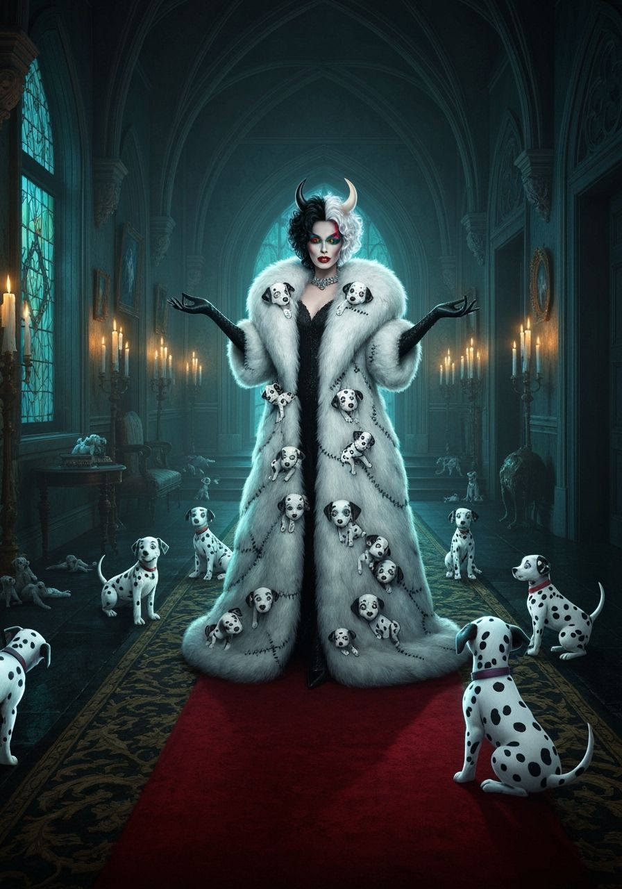 Sinister Cruella De Ville in Gothic Mansion
