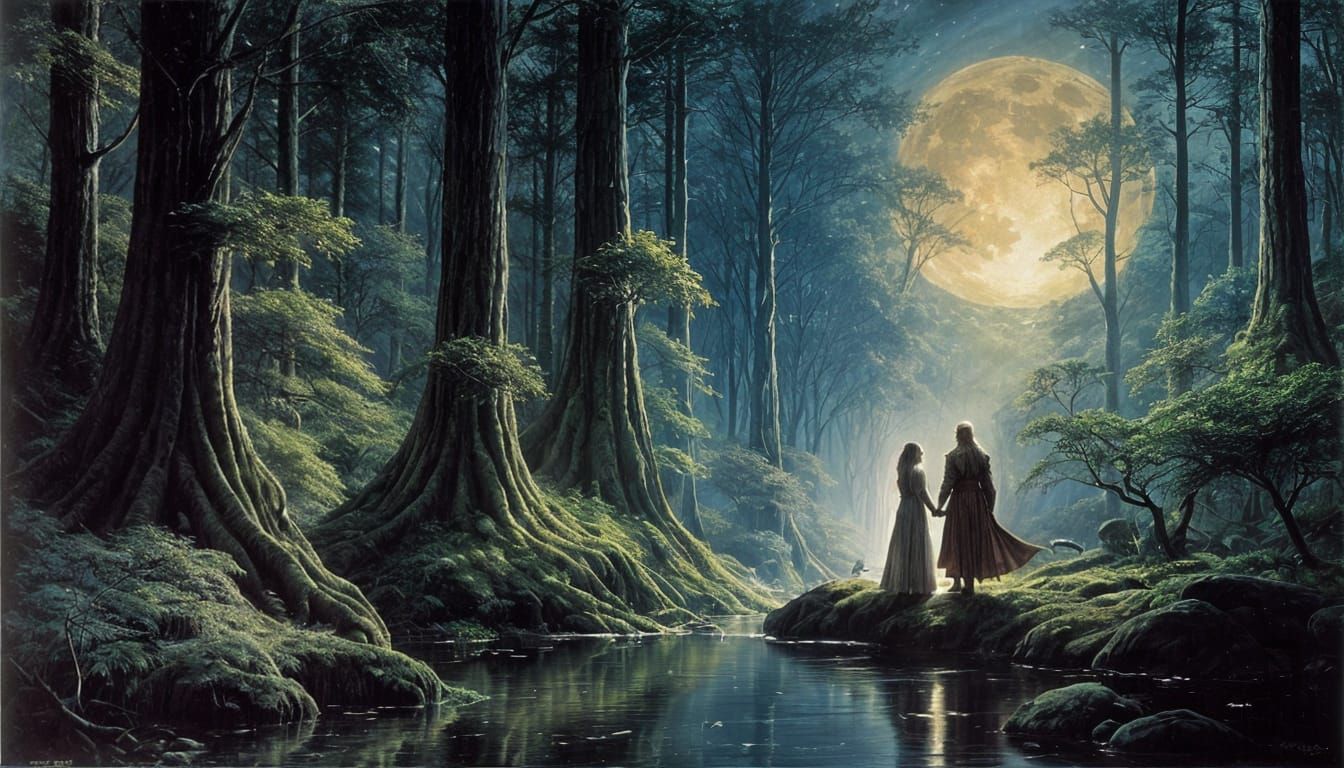 Elven Couple in Moonlit Enchanted Forest Illustration