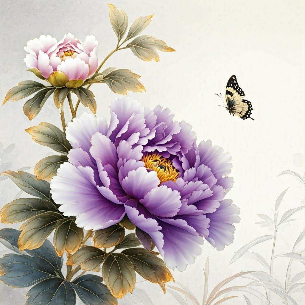 Elegant Ancient Chinese Painting of Purple Peony Flower with...