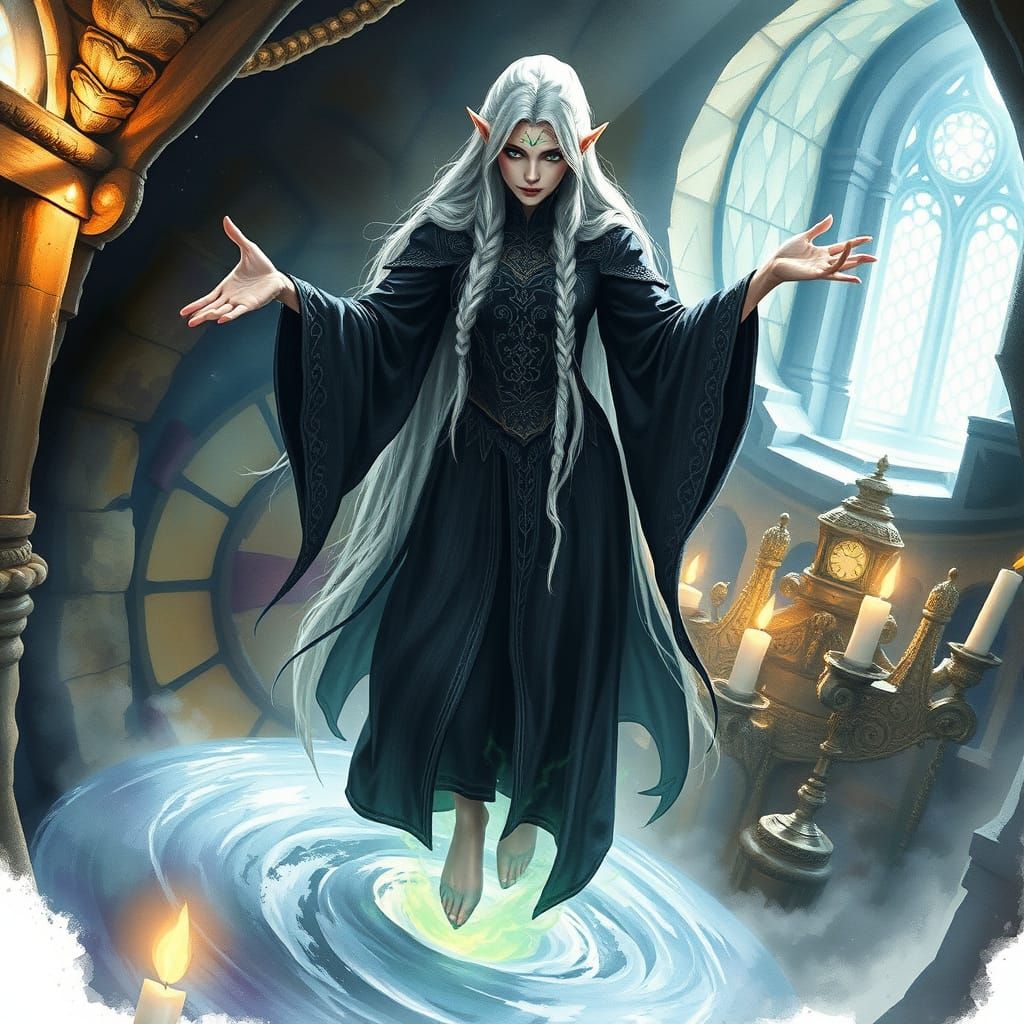Elven Sorceress Levitation: Watercolor Fantasy Art