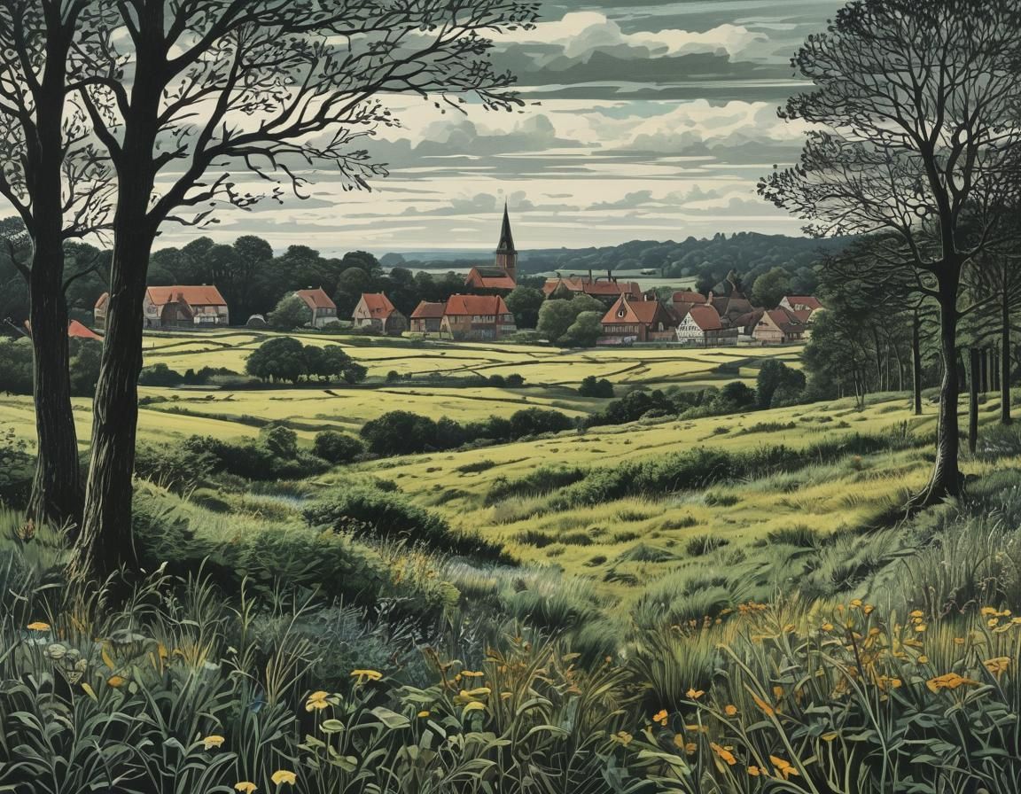 Lüneburg Heath Linoprint in a Vintage Style