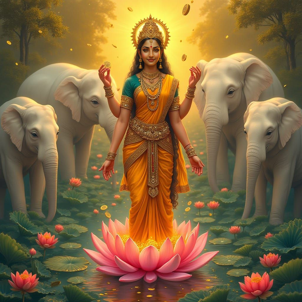 Goddess Lakshmi in a Golden Aura, Surrounded by White Elepha...