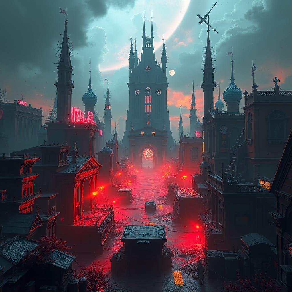 Dystopian Cityscape in Vibrant Contrast