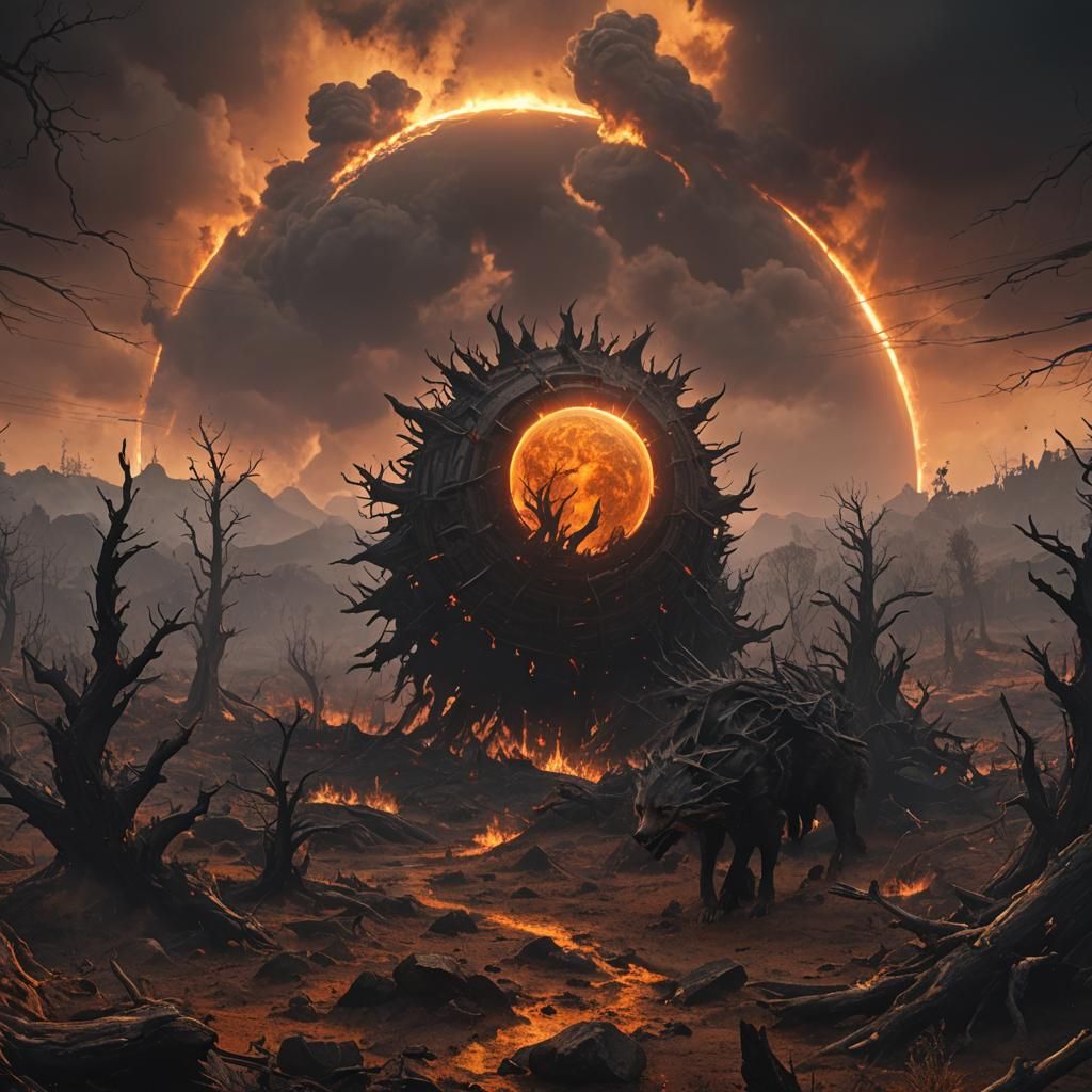 Human-Wolf Hybrid in Burned Forest: Digital Art