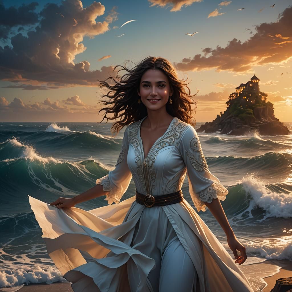 Blue-Eyed Brunette in Storm at Sunset: Fantasy Art