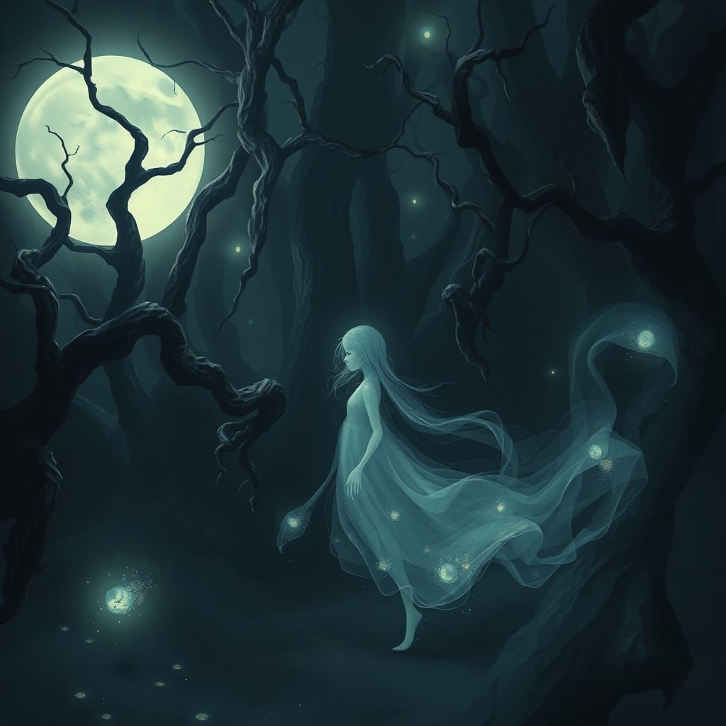 Ghostly Girl in a Haunting Lunar Landscape