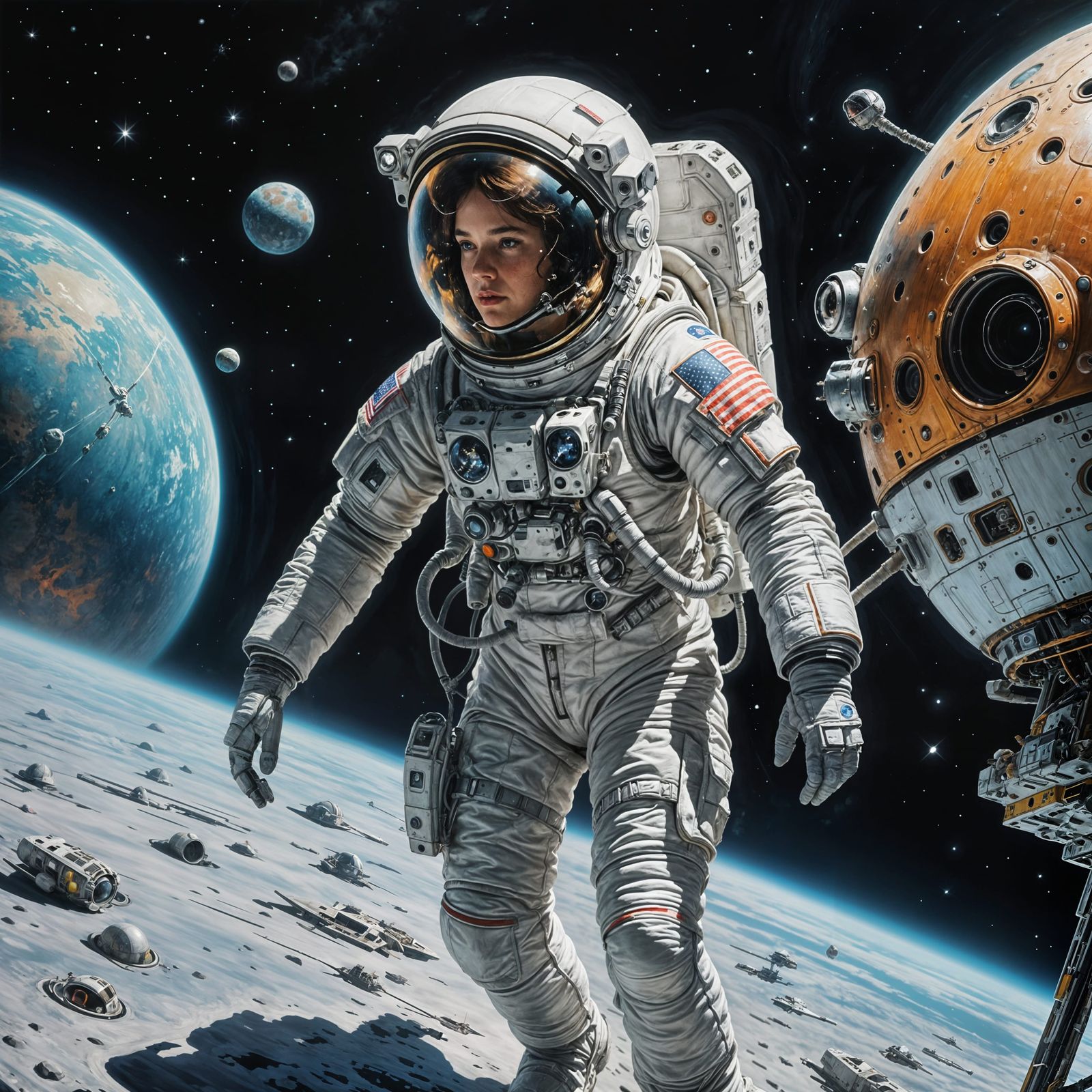 Pretty Female Astronaut Walks on Clunky Spacecraft