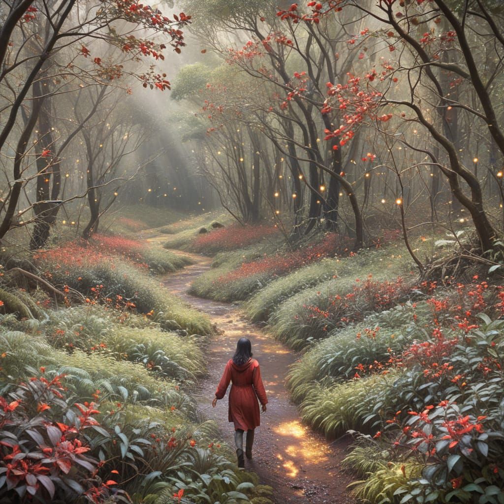 Ethereal Figure Walks Through a Twisted Forest Glade