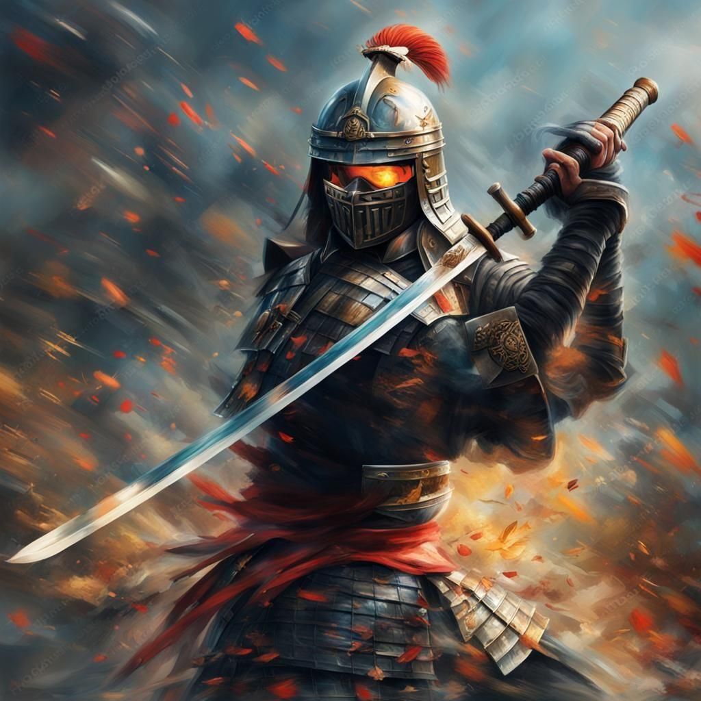 Samurai Warrior in Helmet: Epic Oil Painting