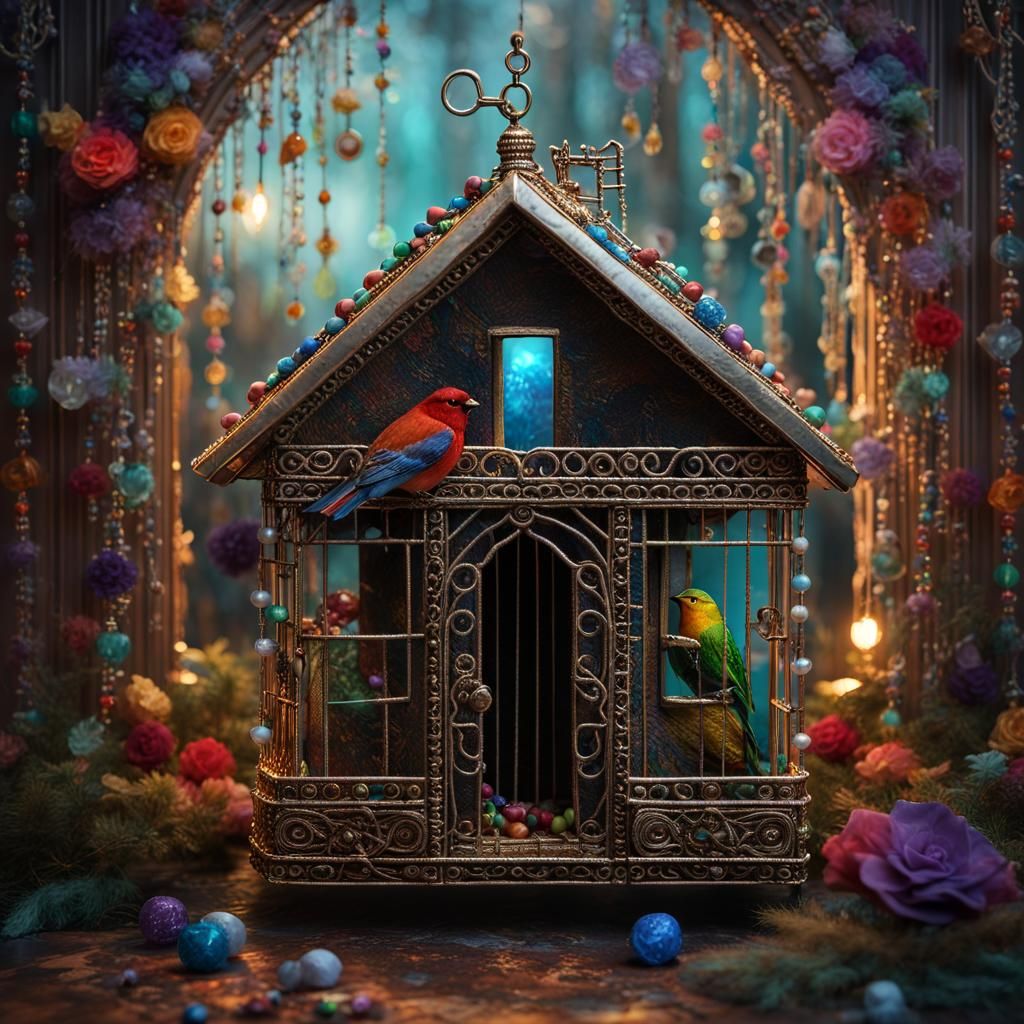 Beaded Wire House and Bird in Detailed Fantasy Art