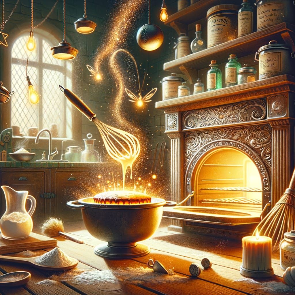 An enchanting kitchen scene where magical instruments are ba...