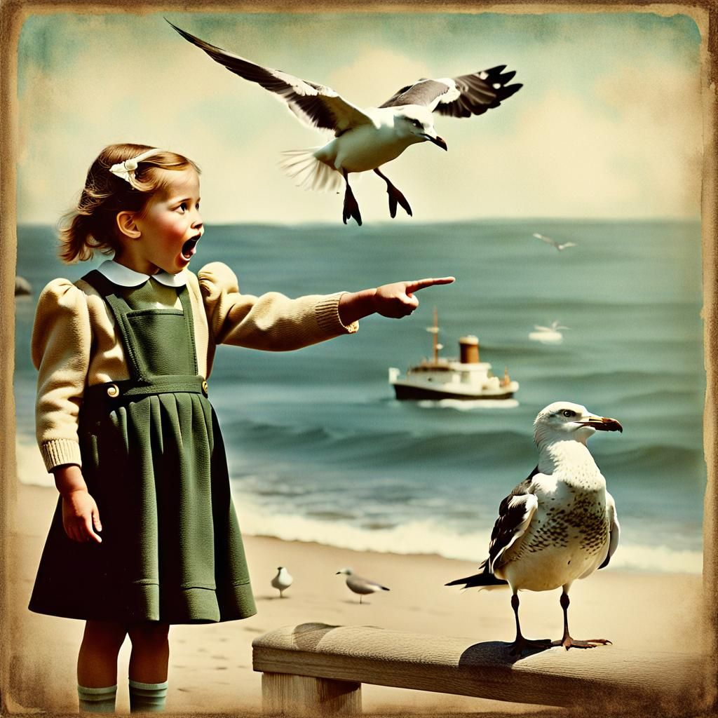 Vintage Photo of Girl Surprised by Seagull Sandwich Thief
