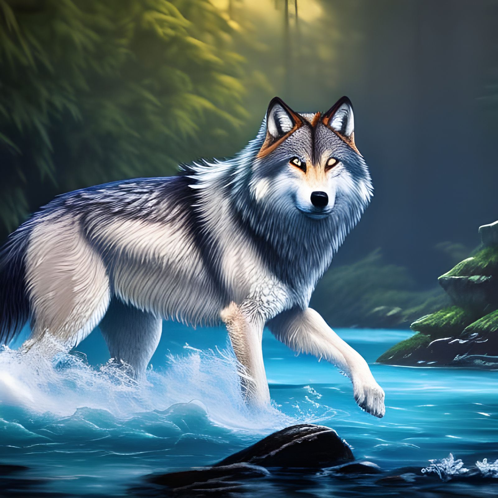 Dynamic Water Wolf in Detailed Ink Drawing