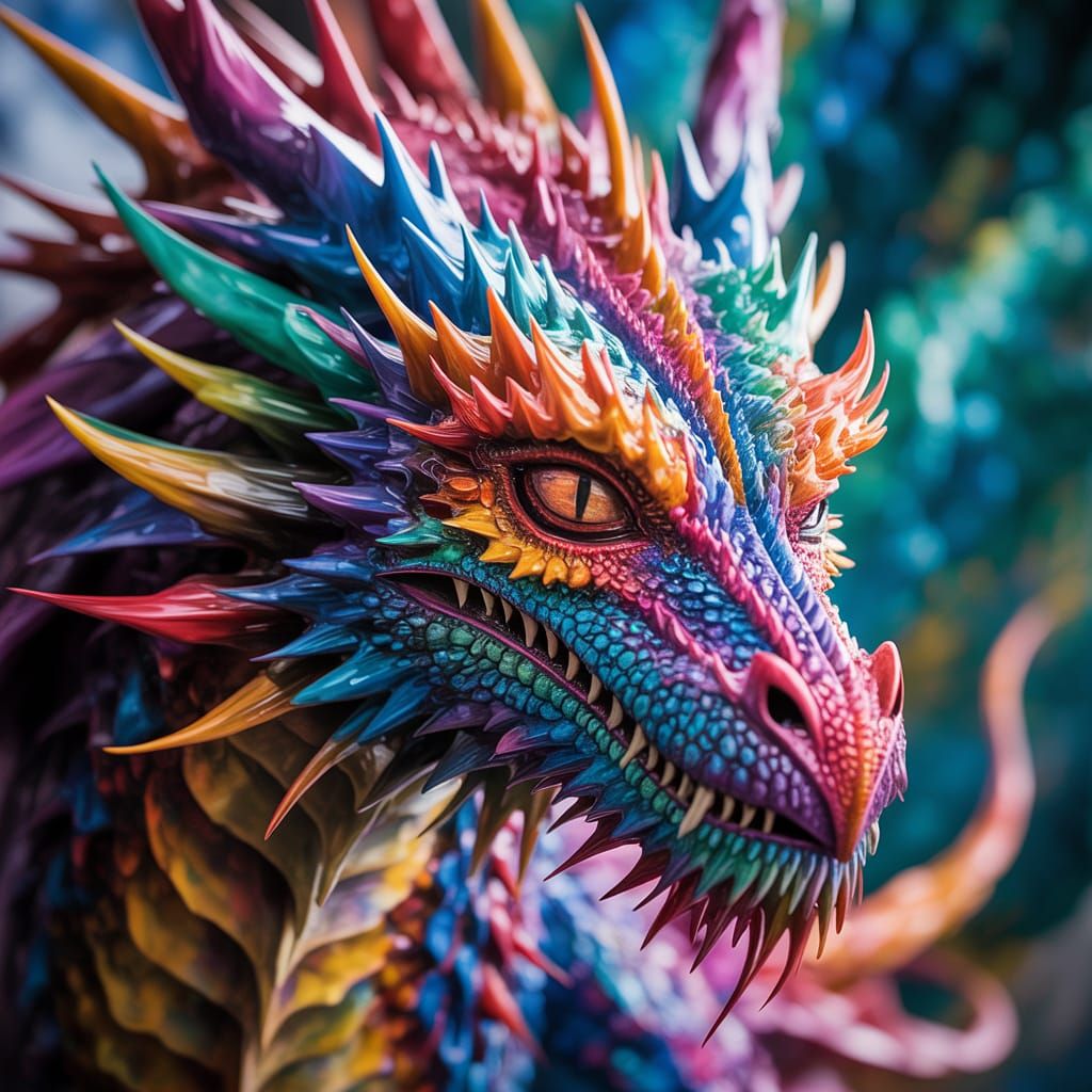Intense, close-up portrait of a dragon.  Powerful, focused g...