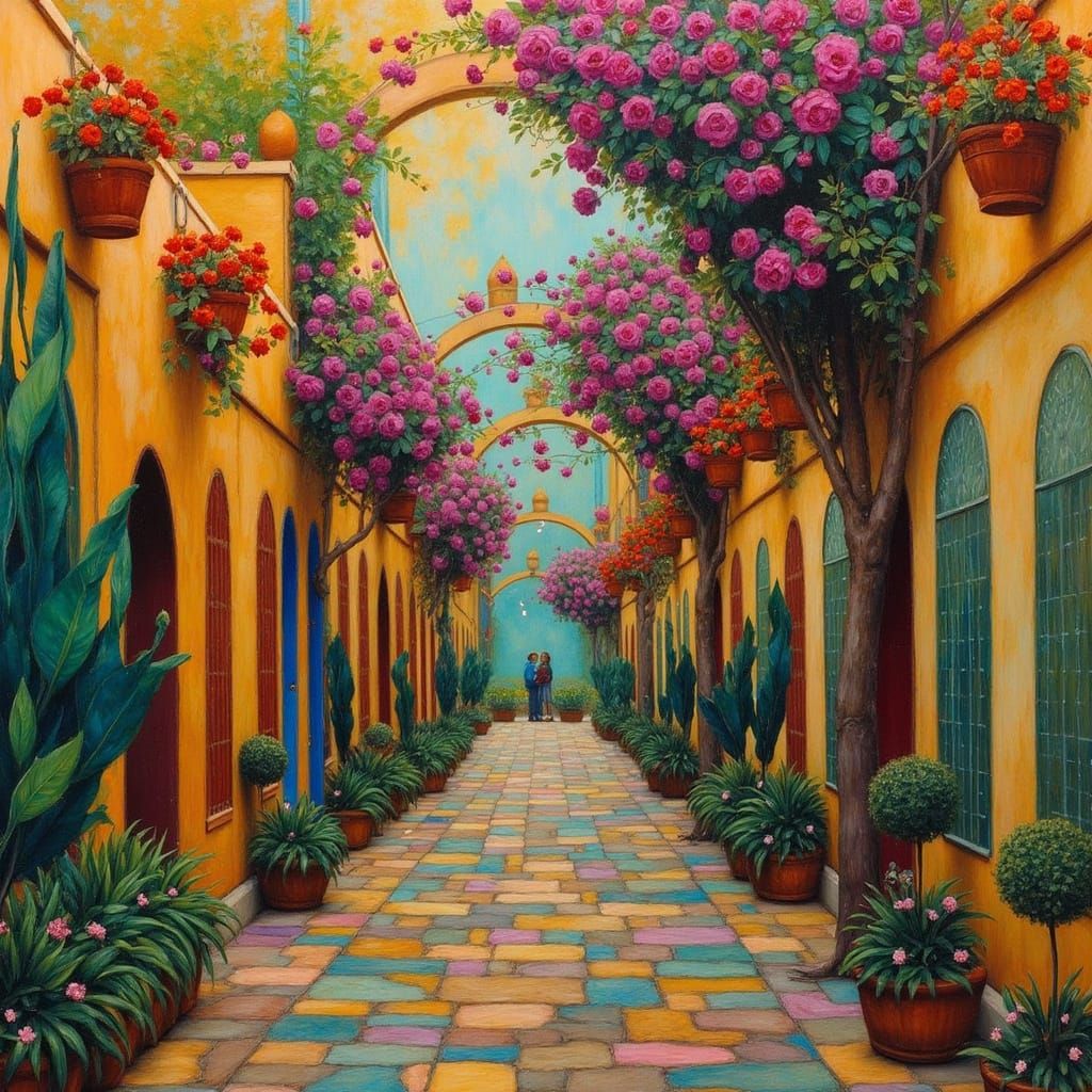 Vibrant Dreamscape Unfolds on a Gold and Blue Street