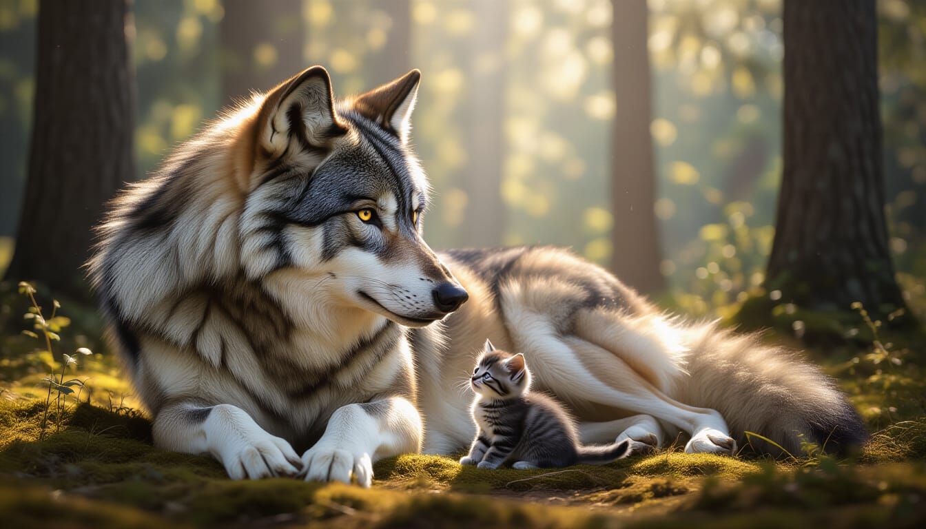 Wolf and Kitten in Sunlit Forest Clearing