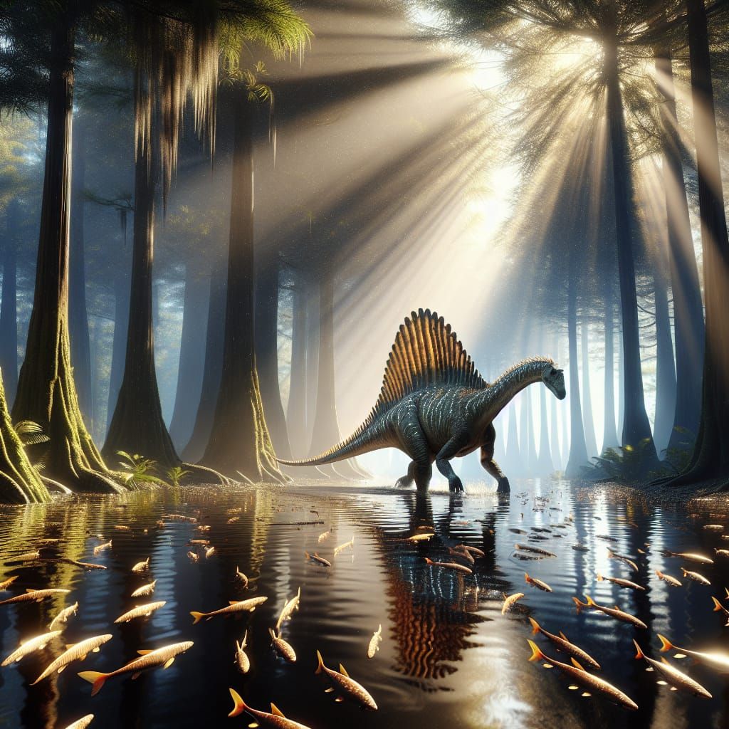 Spinosaurus in Cretaceous Swamp, Speckled Sunlight