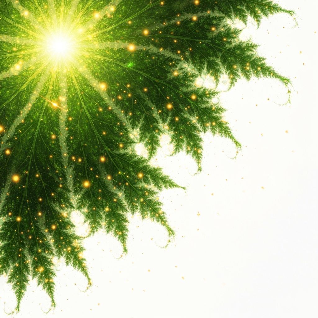 Majestic Fractal with Green Leaves and Gold Sparks