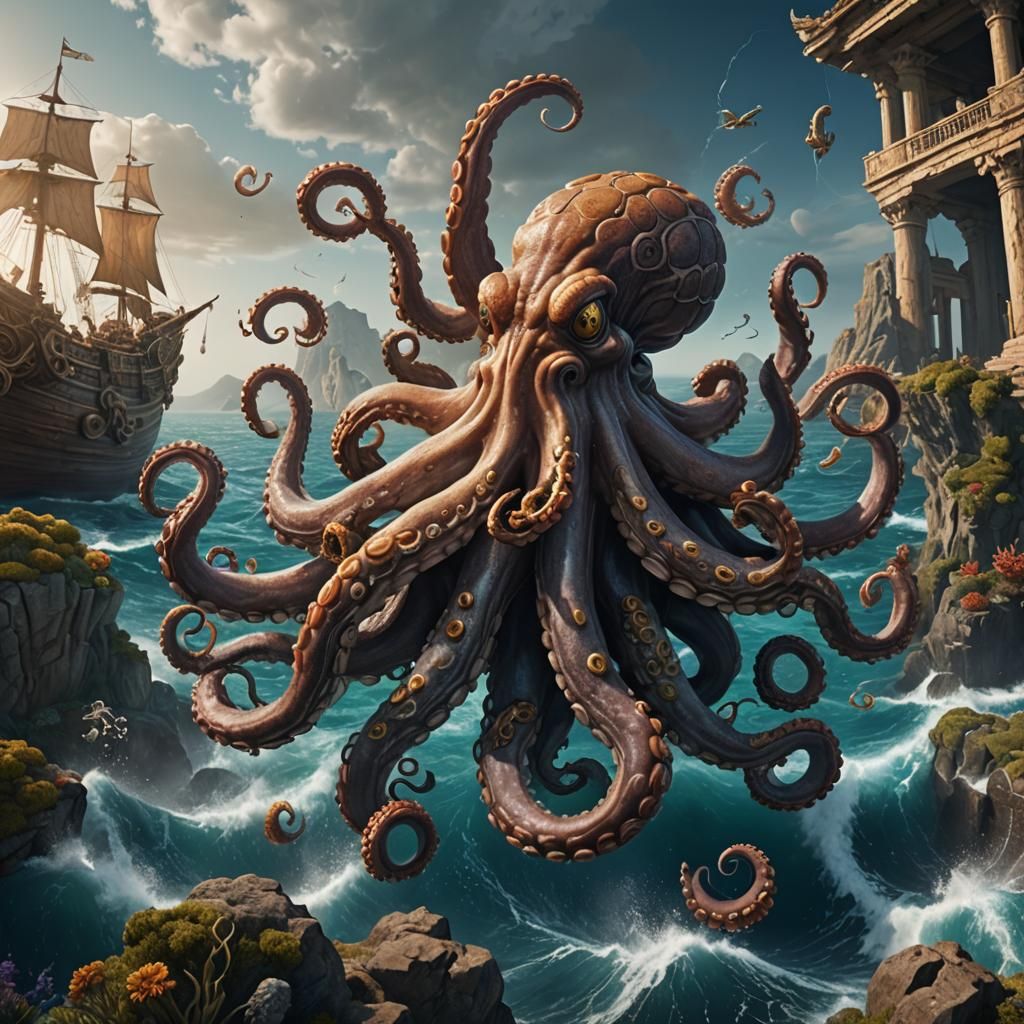 Giant Octopus from Greek Mythology in the Sea