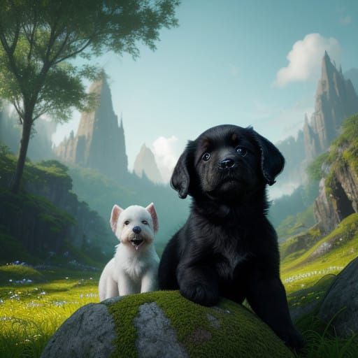 Whimsical Puppies in Vibrant Dreamlike Landscape