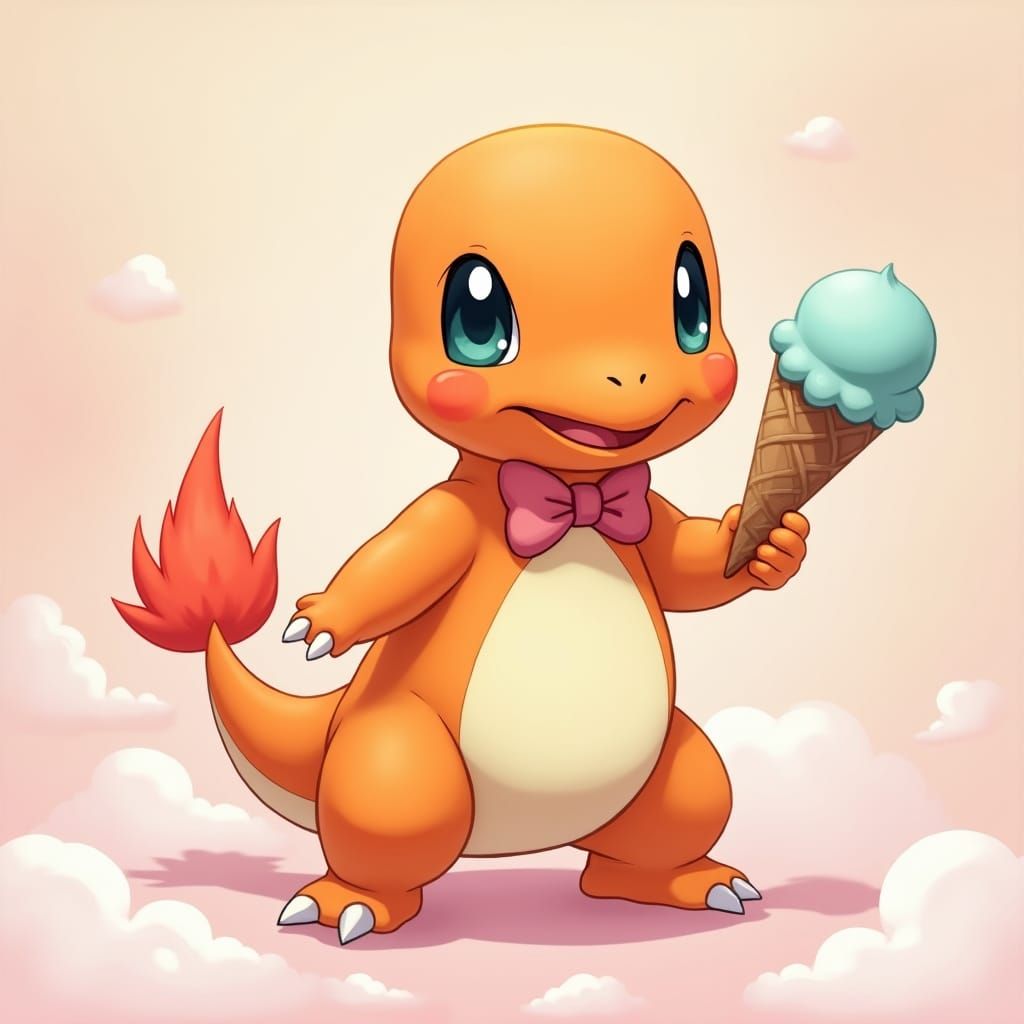 Kawaii Charmander with Ice Cream, Pastel Colors