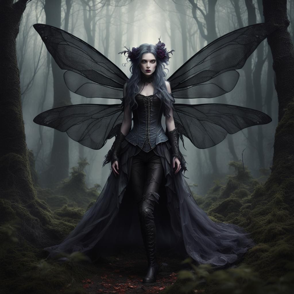 Fairy Vampire in Dark Forest with Dragonfly Wings