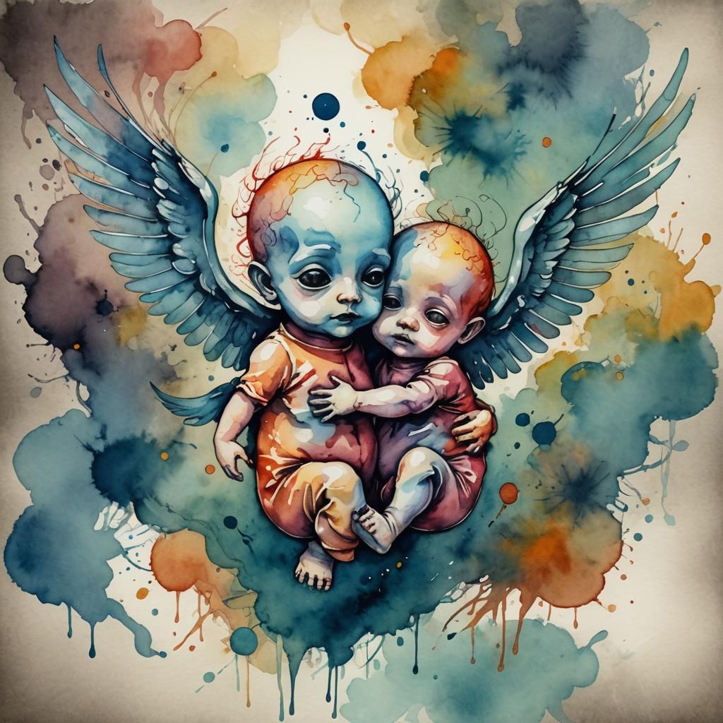 Two-Headed Fetus in Watercolor Horror Style